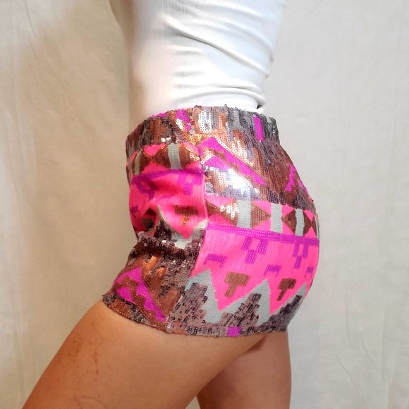 Y2K Bright Full Sequined Tribal Aztec Hot DIsco Shorts - Picture 4 of 8